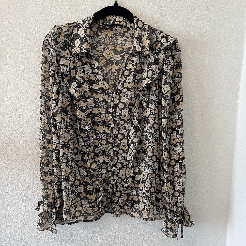 Tahari Women's Blouse Size S Black Floral Chiffon Ruffles Romantic Cottage Fairy